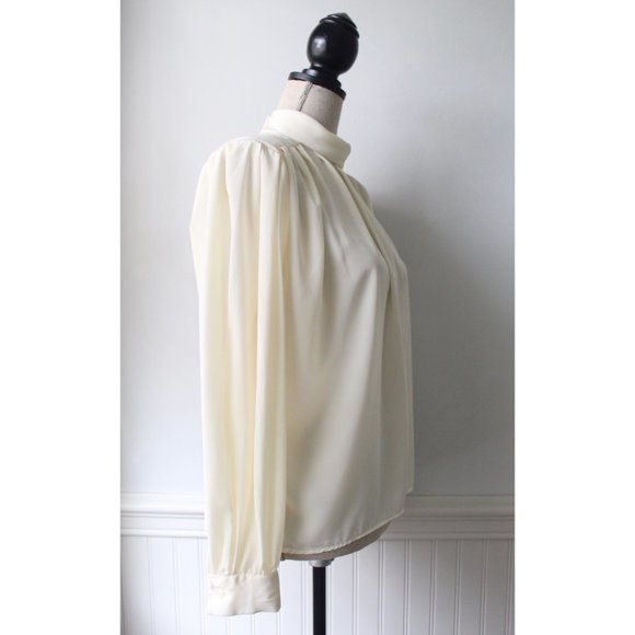 Vintage 80s Helene St. Marie High Neck Cream Blouse Long Sleeve Size 12 - Picture 2 of 12